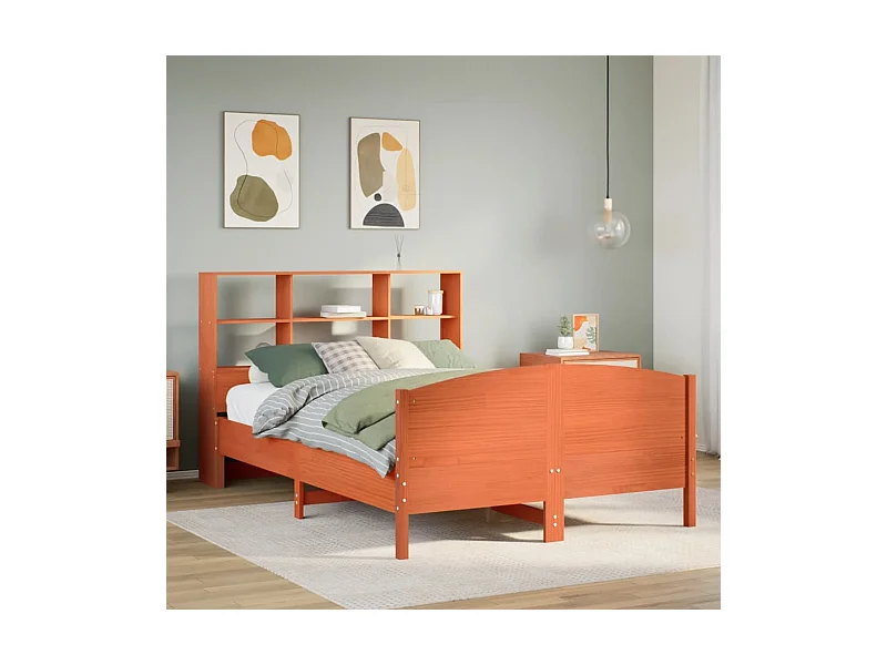 Lit bibliothèque sans matelas cire marron 140x190 cm pin massif