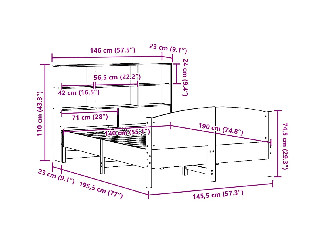 Lit bibliothèque sans matelas cire marron 140x190 cm pin massif