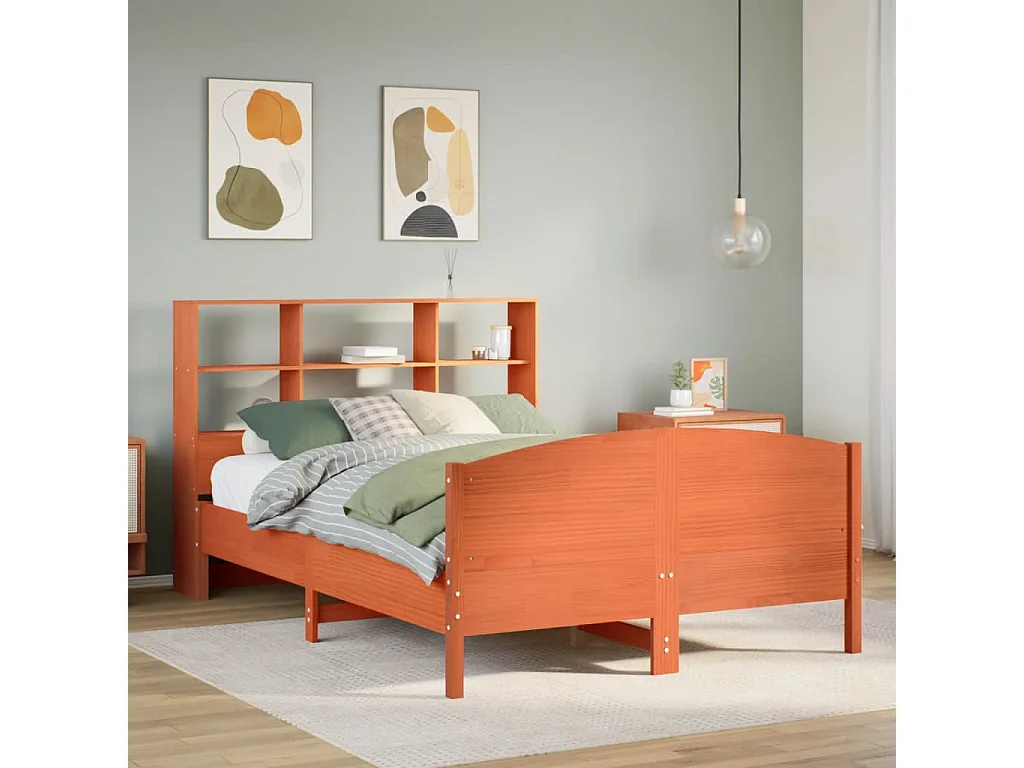 Bed met boekenkast zonder matras grenenhout wasbruin 140x190 cm