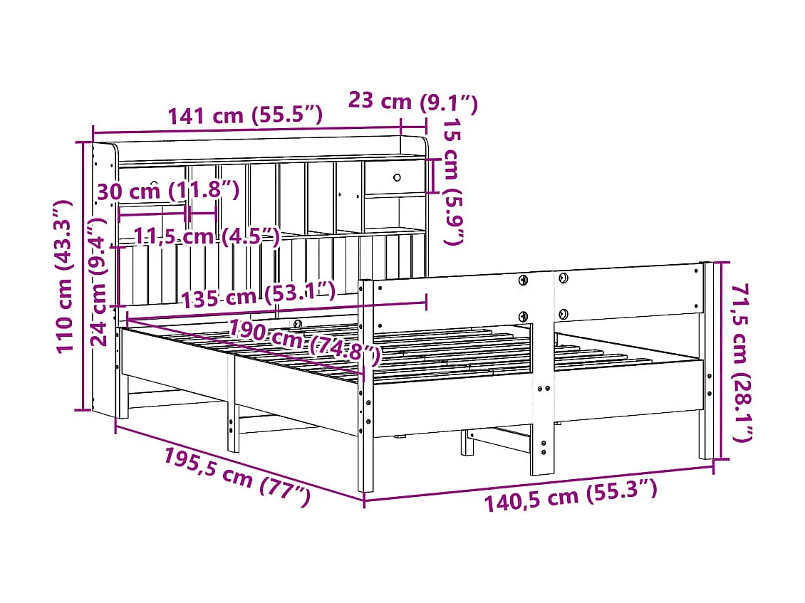 Lit bibliothèque sans matelas blanc 135x190 cm bois pin massif