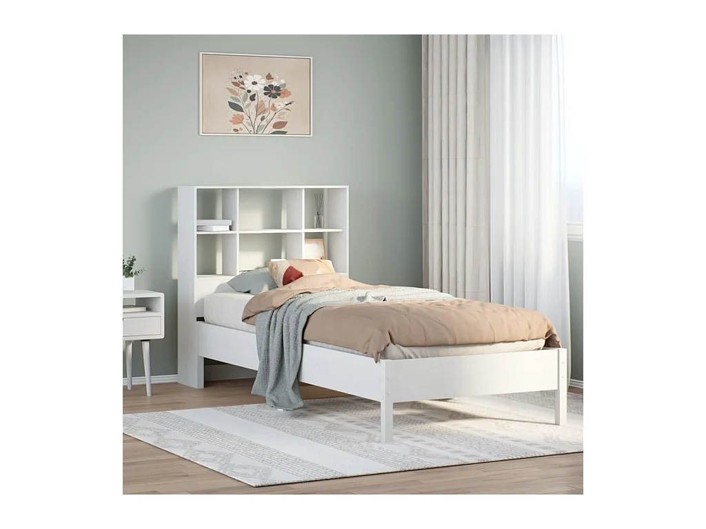 Lit bibliothèque sans matelas blanc 90x190cm bois de pin massif