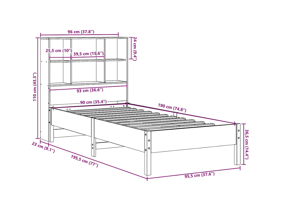 Lit bibliothèque sans matelas blanc 90x190cm bois de pin massif