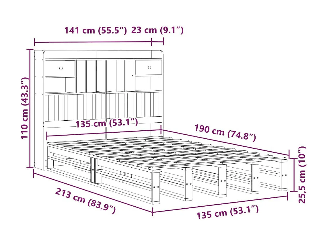 Bed met boekenkast zonder matras massief grenenhout 135x190 cm