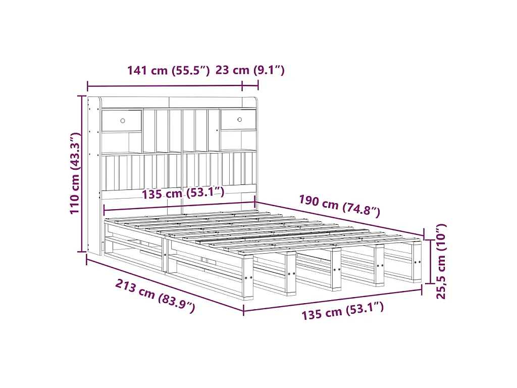Cama com estante sem colchão 135x190 cm pinho maciço