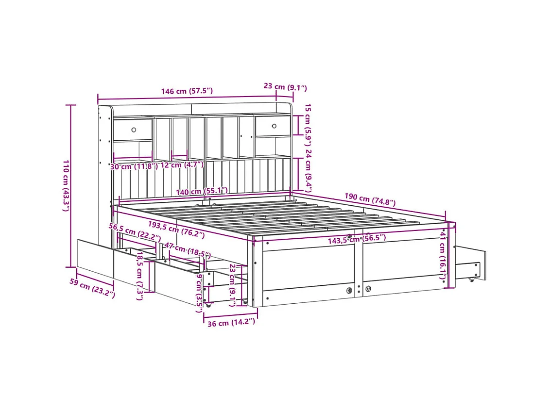 Lit bibliothèque sans matelas blanc 140x190 cm bois pin massif