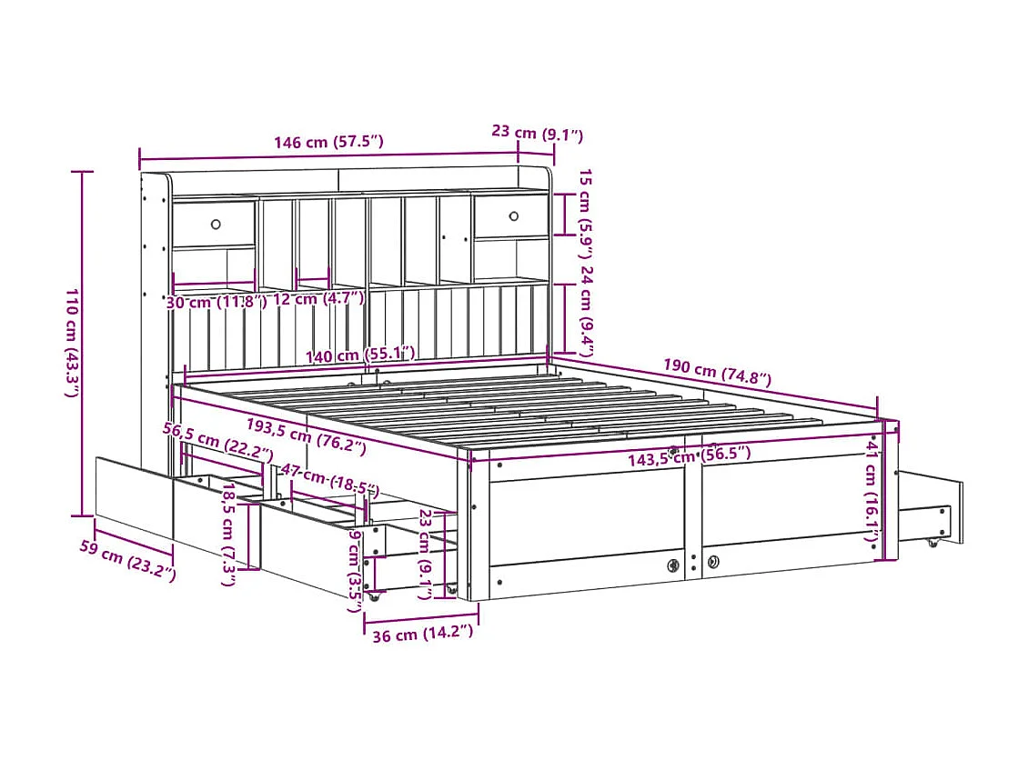 Cama con estantería sin colchón madera maciza blanca 140x190 cm