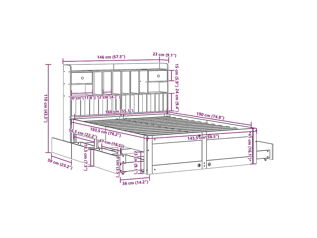 Lit bibliothèque sans matelas blanc 140x190 cm bois pin massif