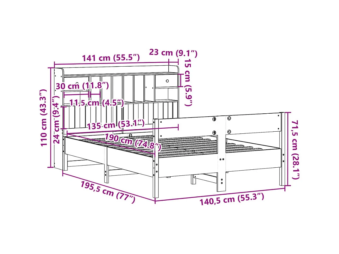 Cama com estante sem colchão 135x190 cm pinho maciço