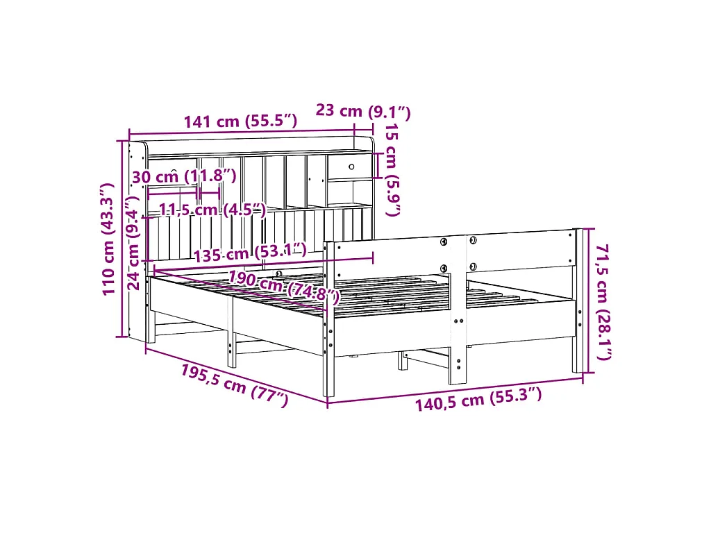 Cama com estante sem colchão 135x190 cm pinho maciço