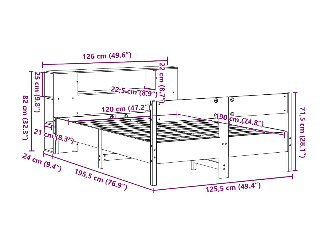 Massivholzbett mit Regal ohne Matratze Weiß 120x190 cm Kiefer