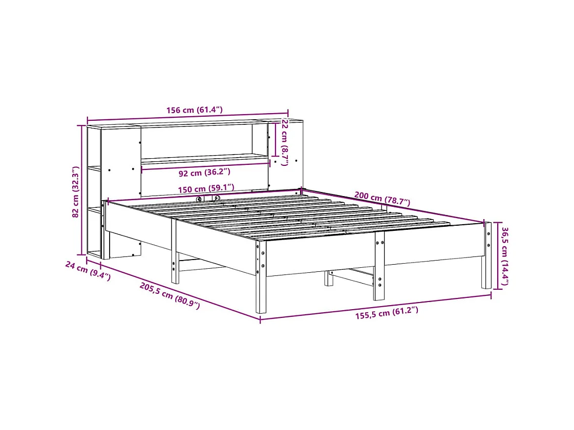 Letto Libreria senza Materasso 150x200 cm in Legno di Pino