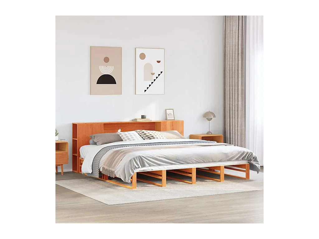 Lit bibliothèque sans matelas cire marron 200x200cm bois massif