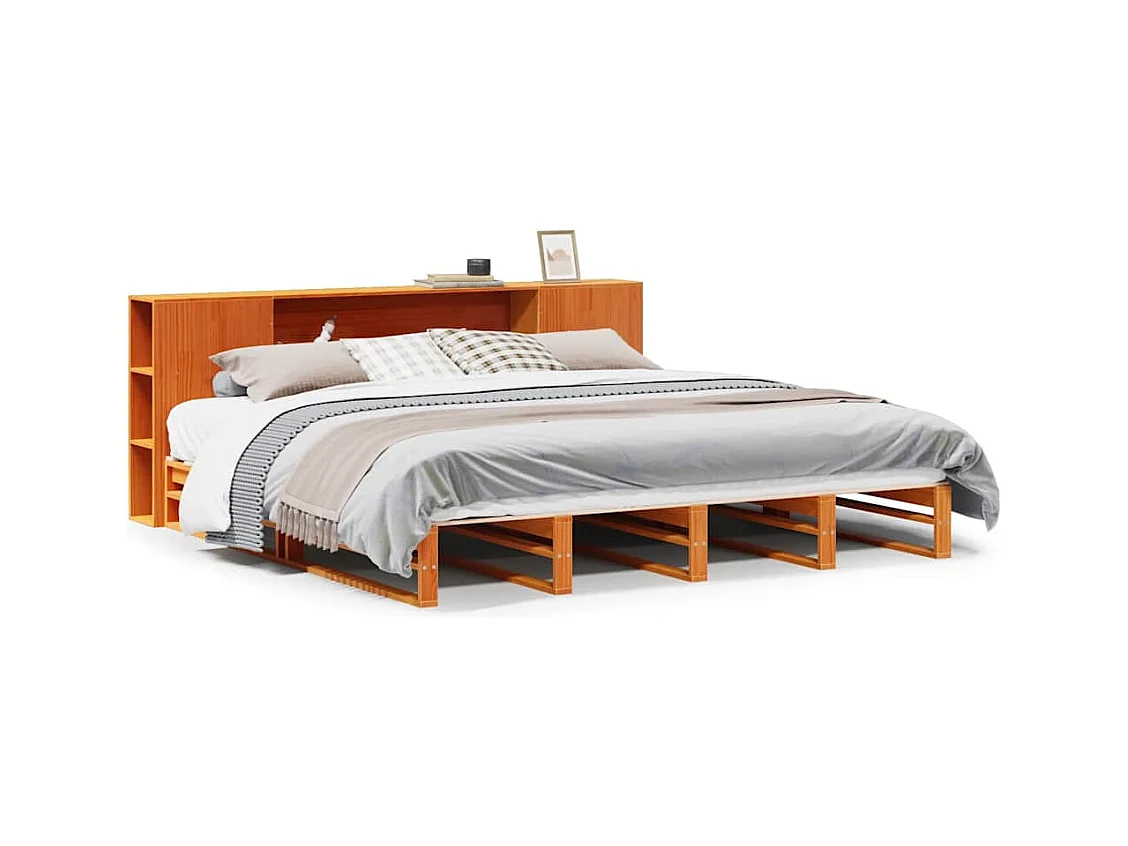 Lit bibliothèque sans matelas cire marron 200x200cm bois massif
