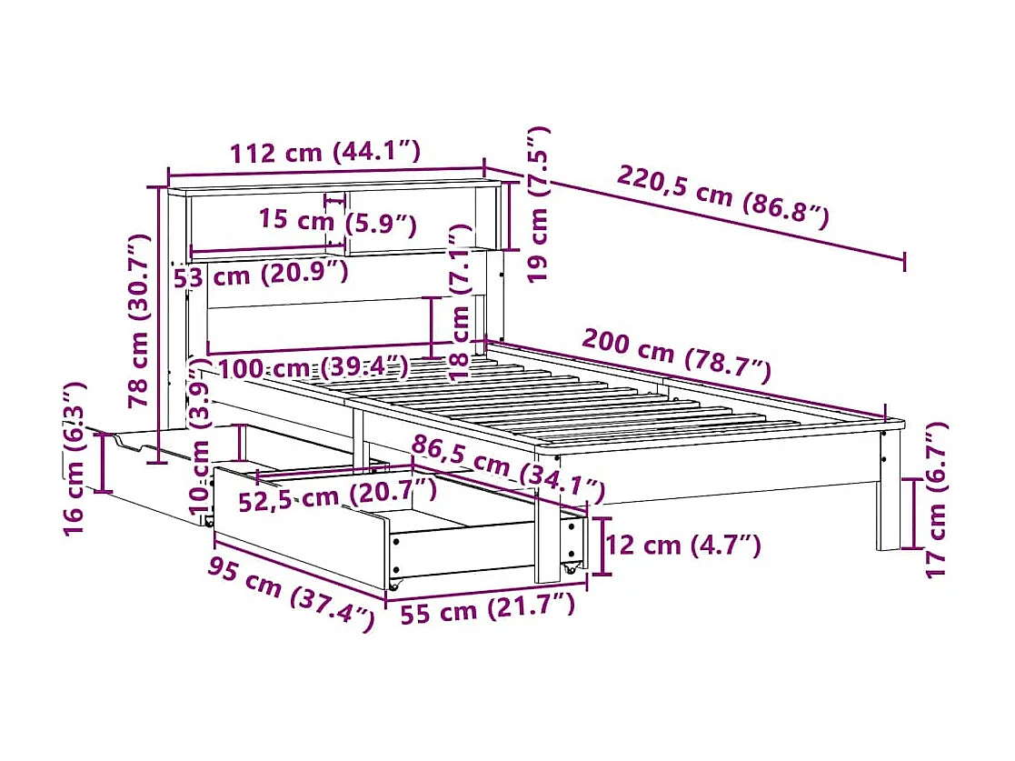 Bed met boekenkast zonder matras grenenhout wasbruin 100x200 cm
