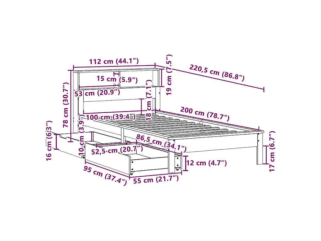 Lit bibliothèque sans matelas cire marron 100x200 cm pin massif