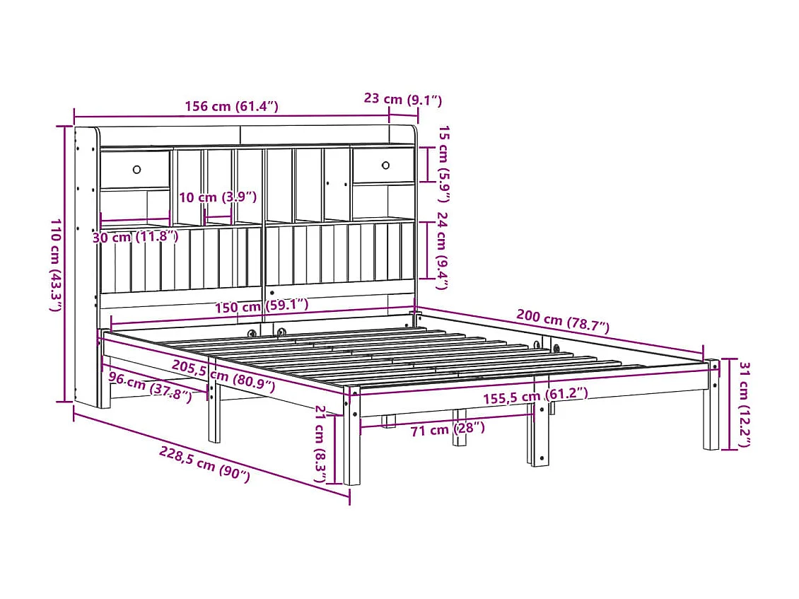 Bed met boekenkast zonder matras massief grenenhout 150x200 cm