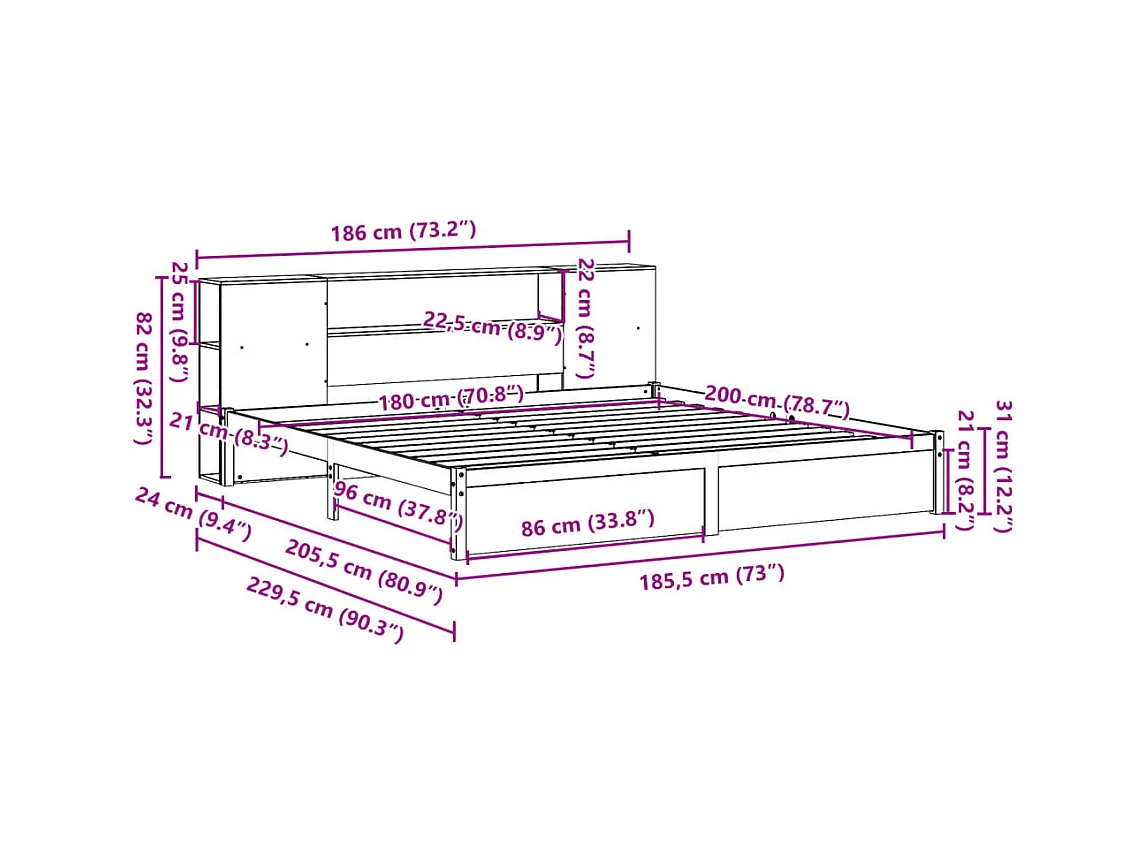 Lit bibliothèque sans matelas blanc 180x200 cm bois pin massif