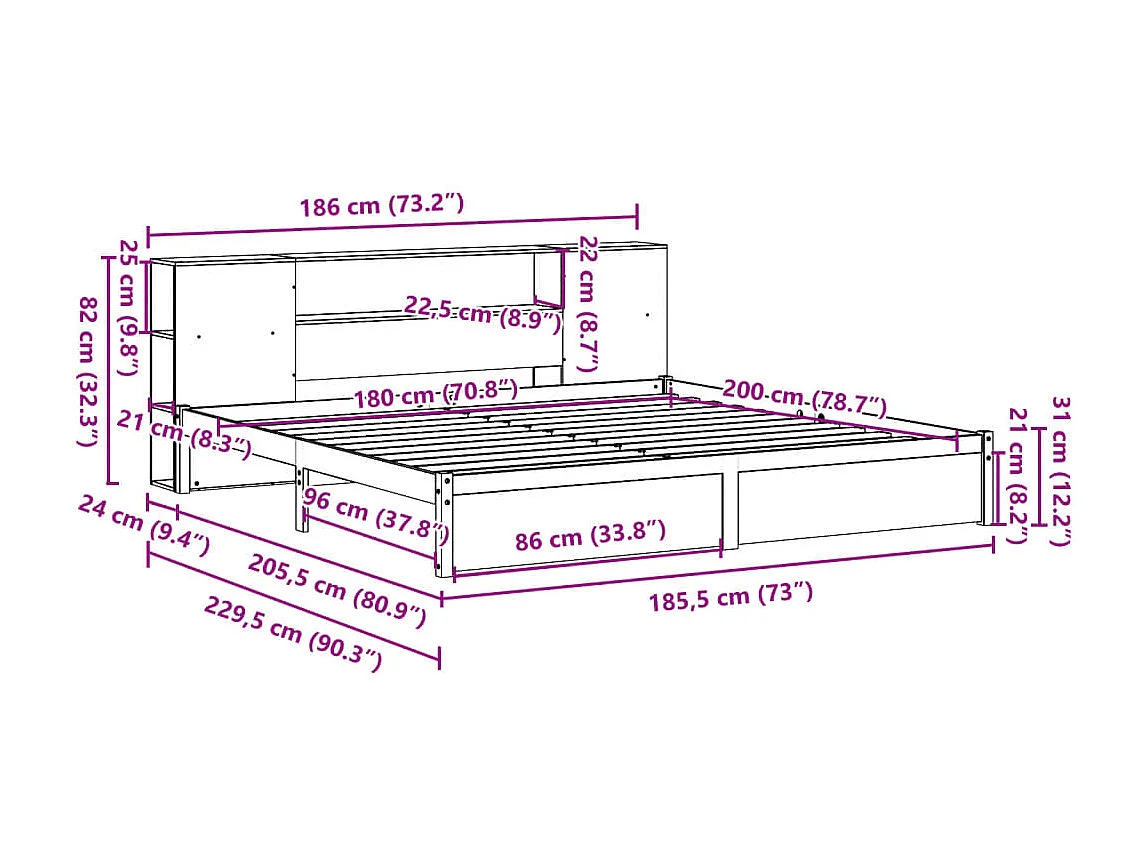 Lit bibliothèque sans matelas blanc 180x200 cm bois pin massif