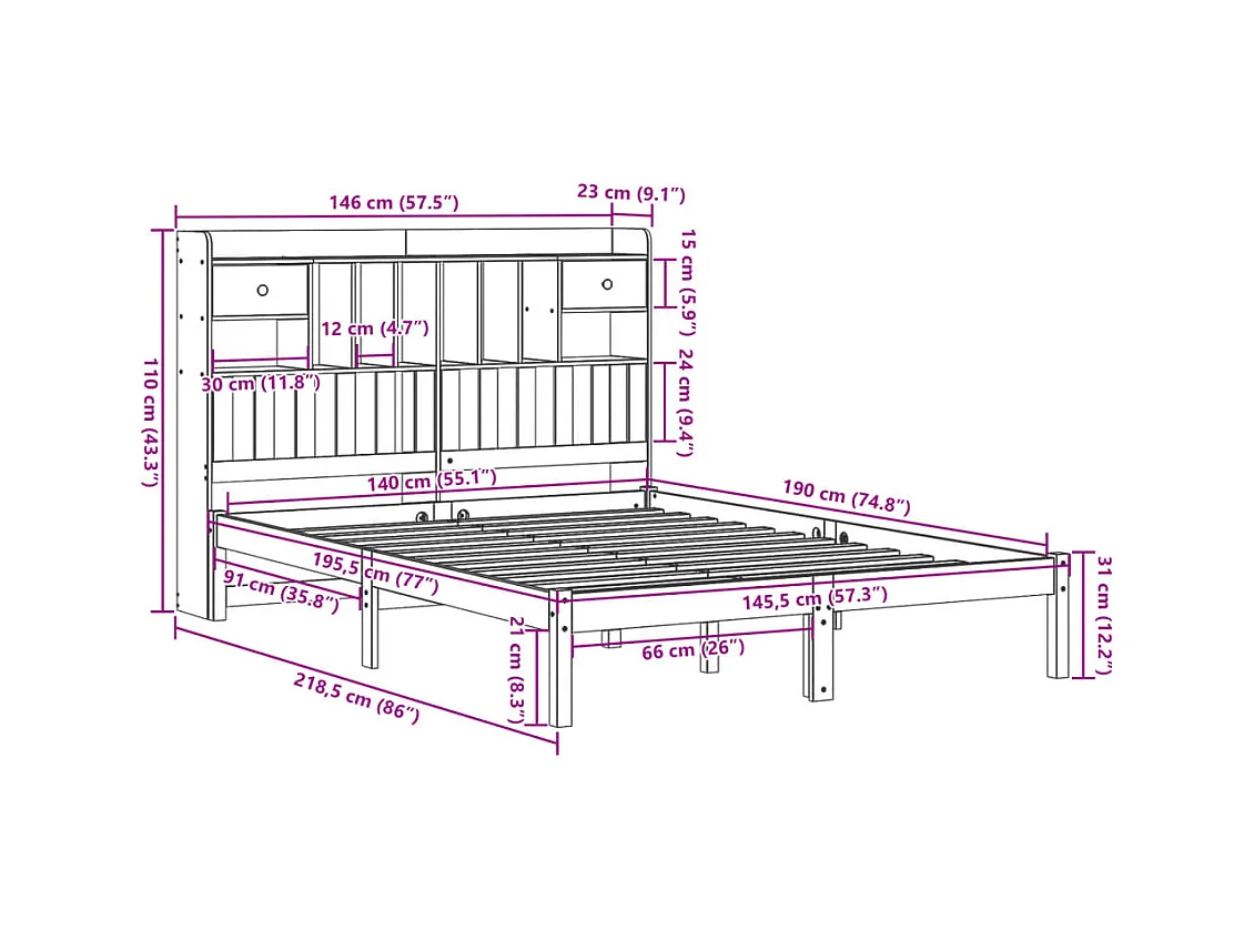 Cama com estante sem colchão 140x190 cm pinho maciço branco