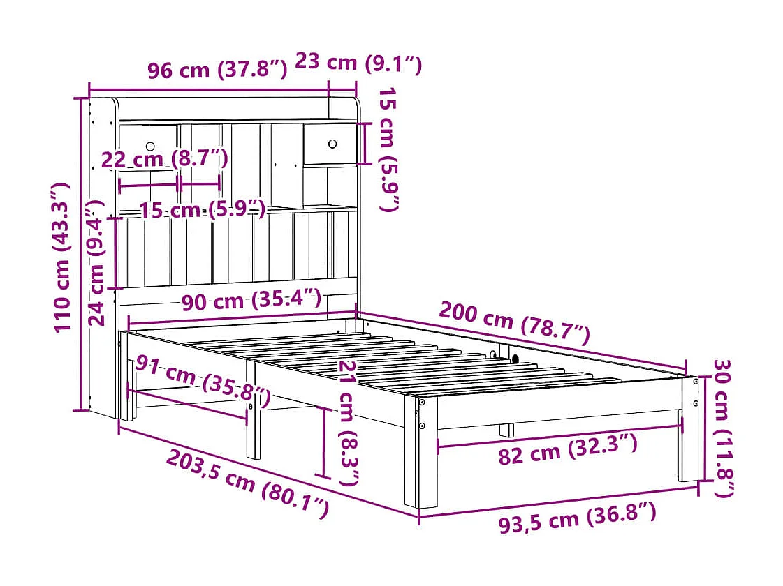 Bed met boekenkast zonder matras massief grenenhout 90x200 cm
