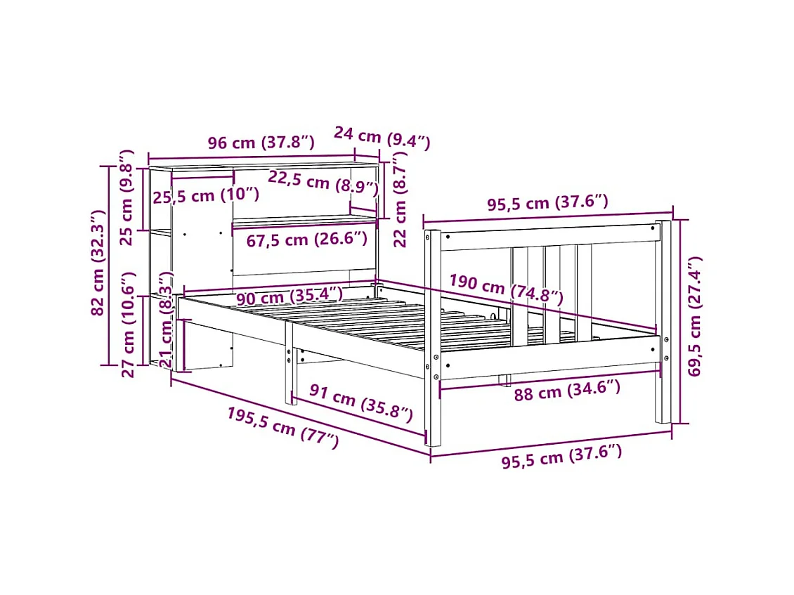 Lit bibliothèque sans matelas 90x190 cm bois de pin massif