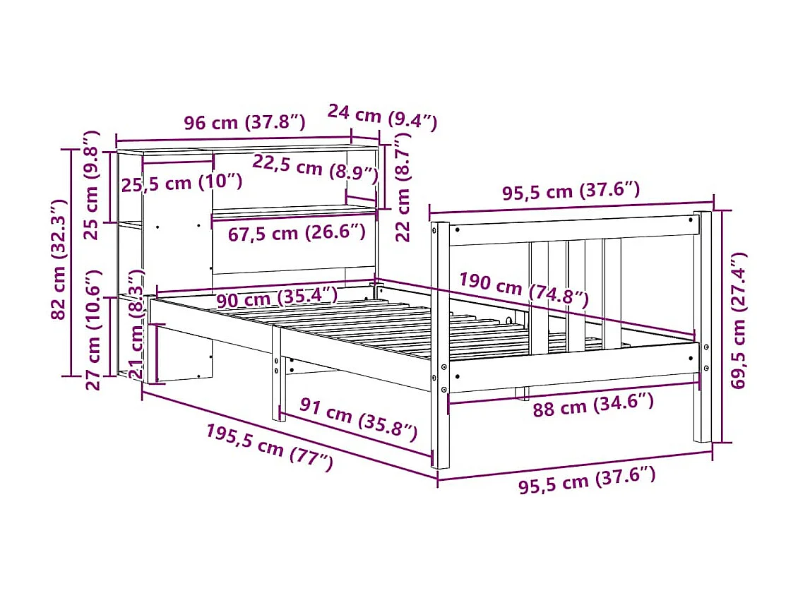 Letto Libreria senza Materasso 90x190 cm Legno Massello Pino