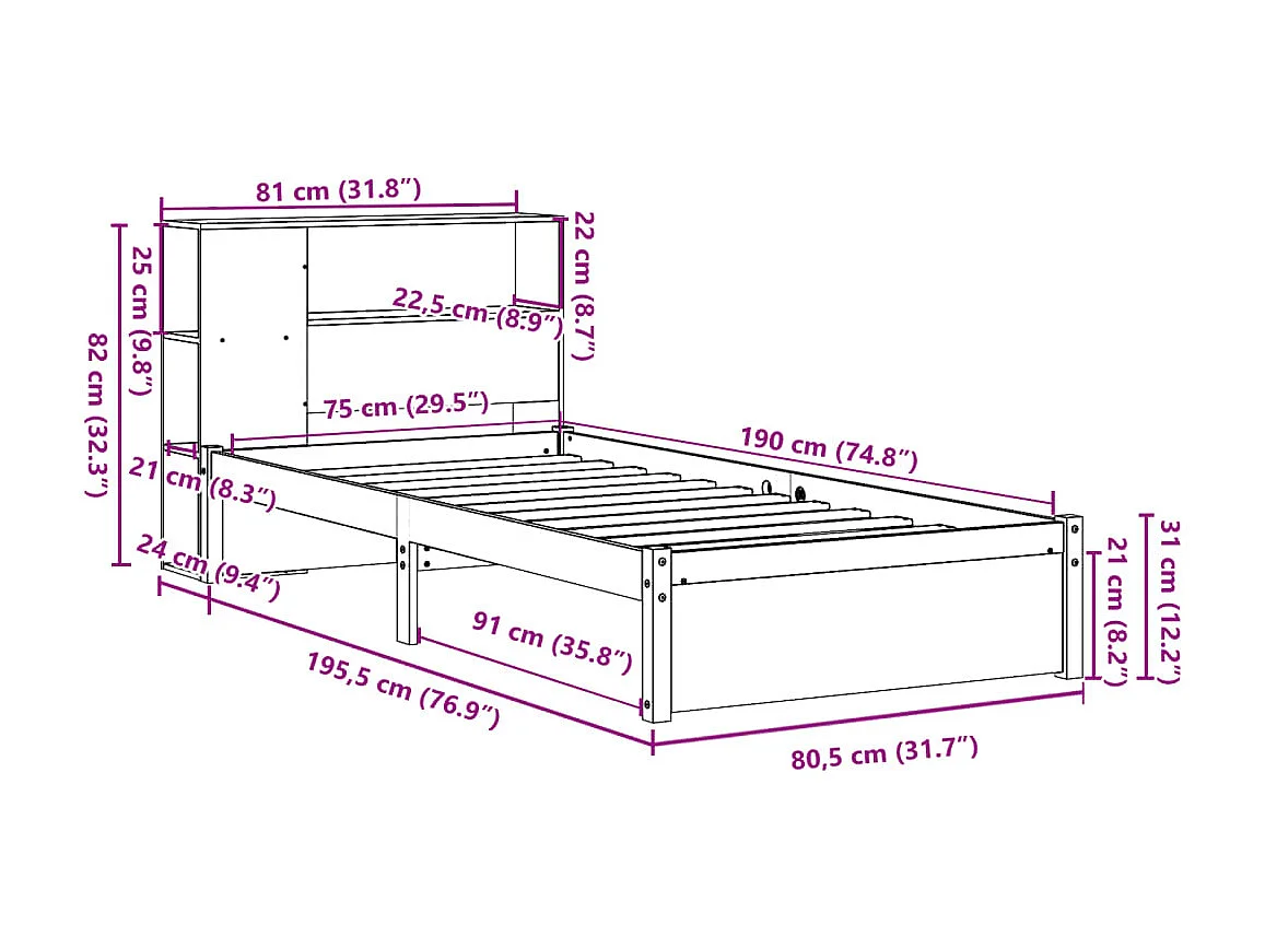 Lit bibliothèque sans matelas 75x190 cm bois de pin massif