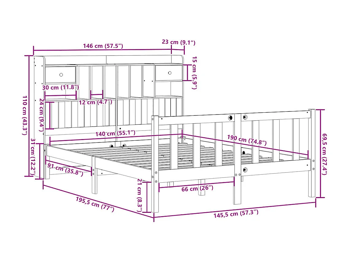 Massivholzbett mit Regal ohne Matratze Weiß 140x190 cm Kiefer