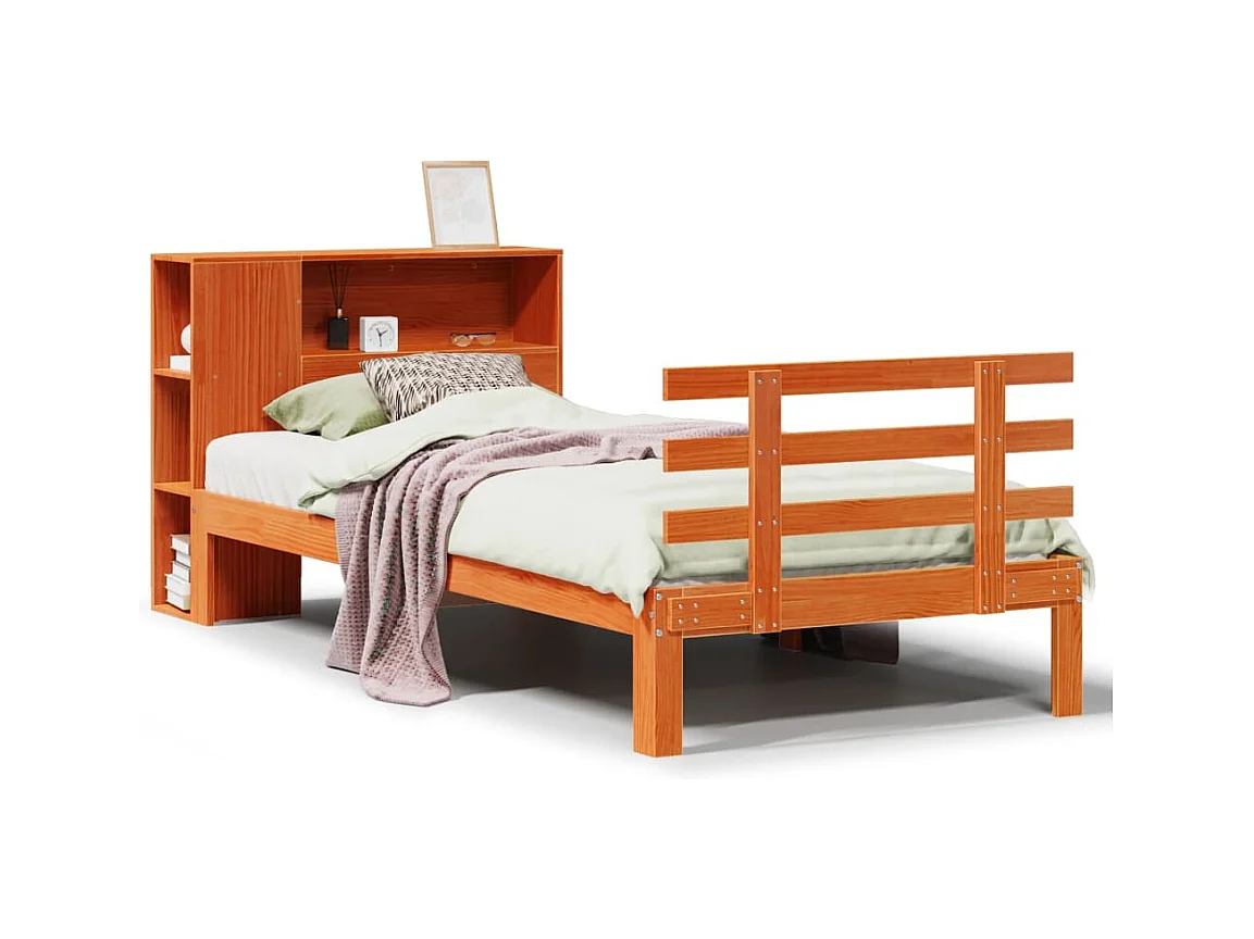 Lit bibliothèque sans matelas cire marron 100x200 cm pin massif