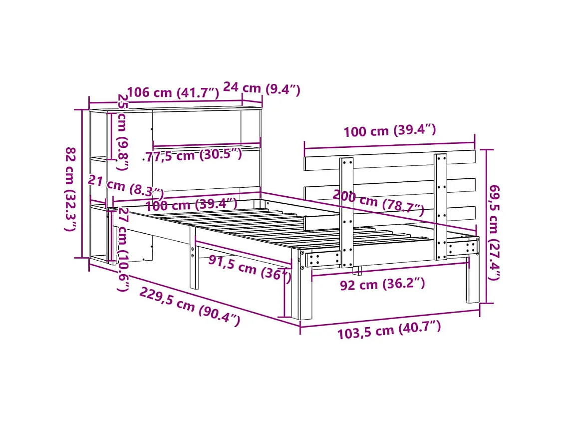 Lit bibliothèque sans matelas cire marron 100x200 cm pin massif