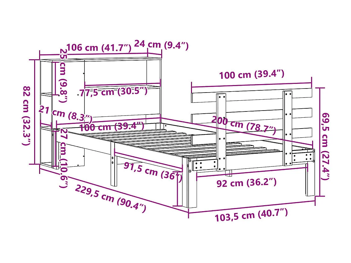 Cama con estantería sin colchón madera maciza marrón 100x200 cm