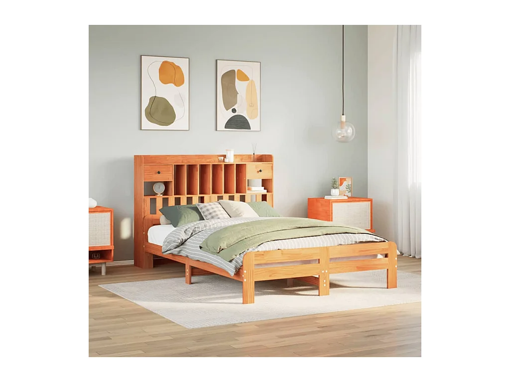 Lit bibliothèque sans matelas cire marron 160x200 cm pin massif