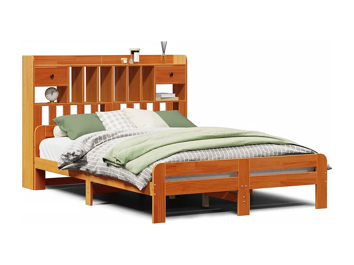 Lit bibliothèque sans matelas cire marron 160x200 cm pin massif