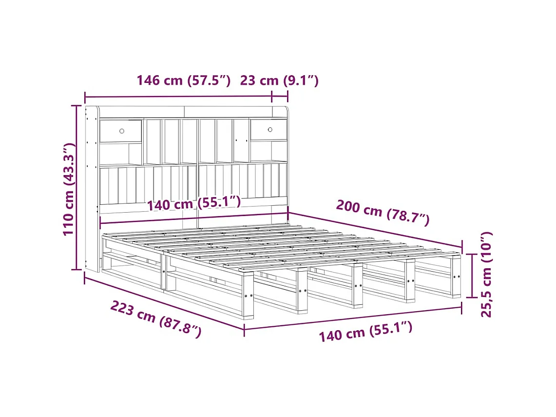 Letto Libreria senza Materasso Bianco 140x200 cm Legno di Pino