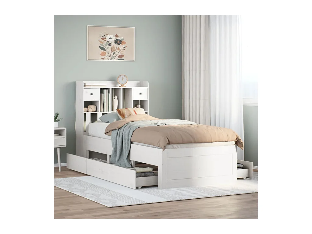 Lit bibliothèque sans matelas blanc 75x190cm bois de pin massif