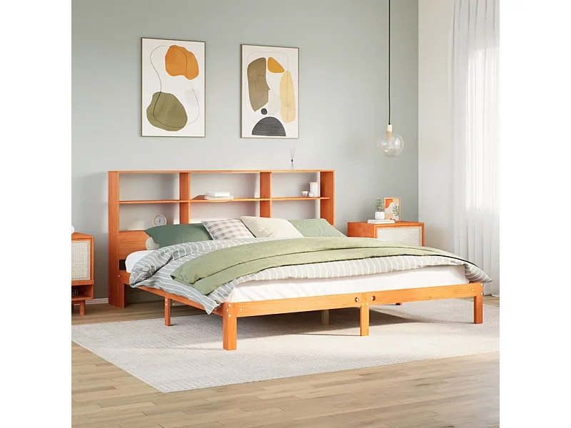 Massivholzbett mit Regal ohne Matratze Wachsbraun 180x200 cm