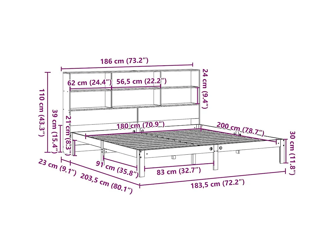 Lit bibliothèque sans matelas cire marron 180x200 cm pin massif