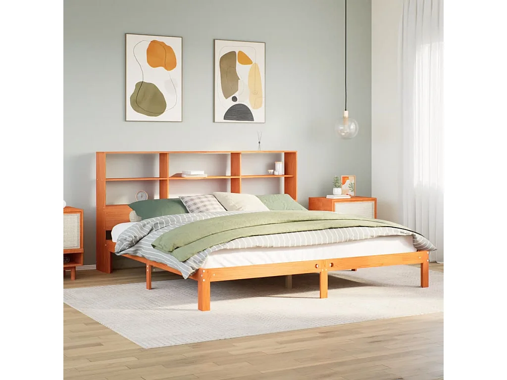 Lit bibliothèque sans matelas cire marron 180x200 cm pin massif