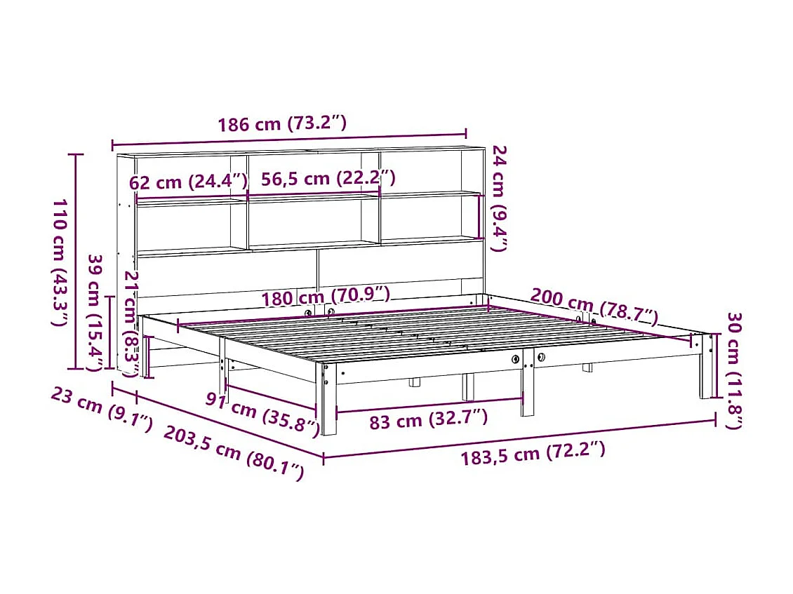 Lit bibliothèque sans matelas cire marron 180x200 cm pin massif