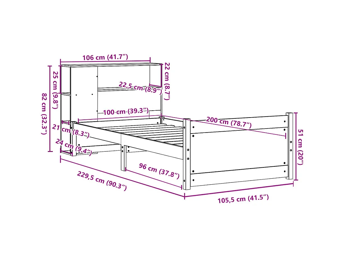 Lit bibliothèque sans matelas 100x200 cm bois massif de pin