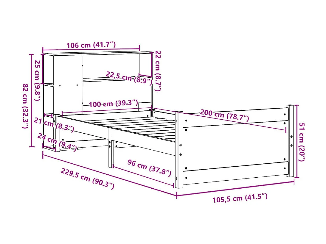Bed met boekenkast zonder matras massief grenenhout 100x200 cm