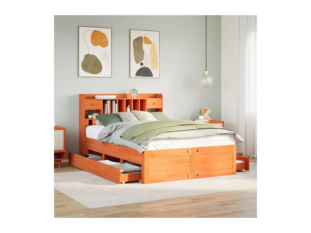 Lit bibliothèque sans matelas cire marron 140x190 cm pin massif