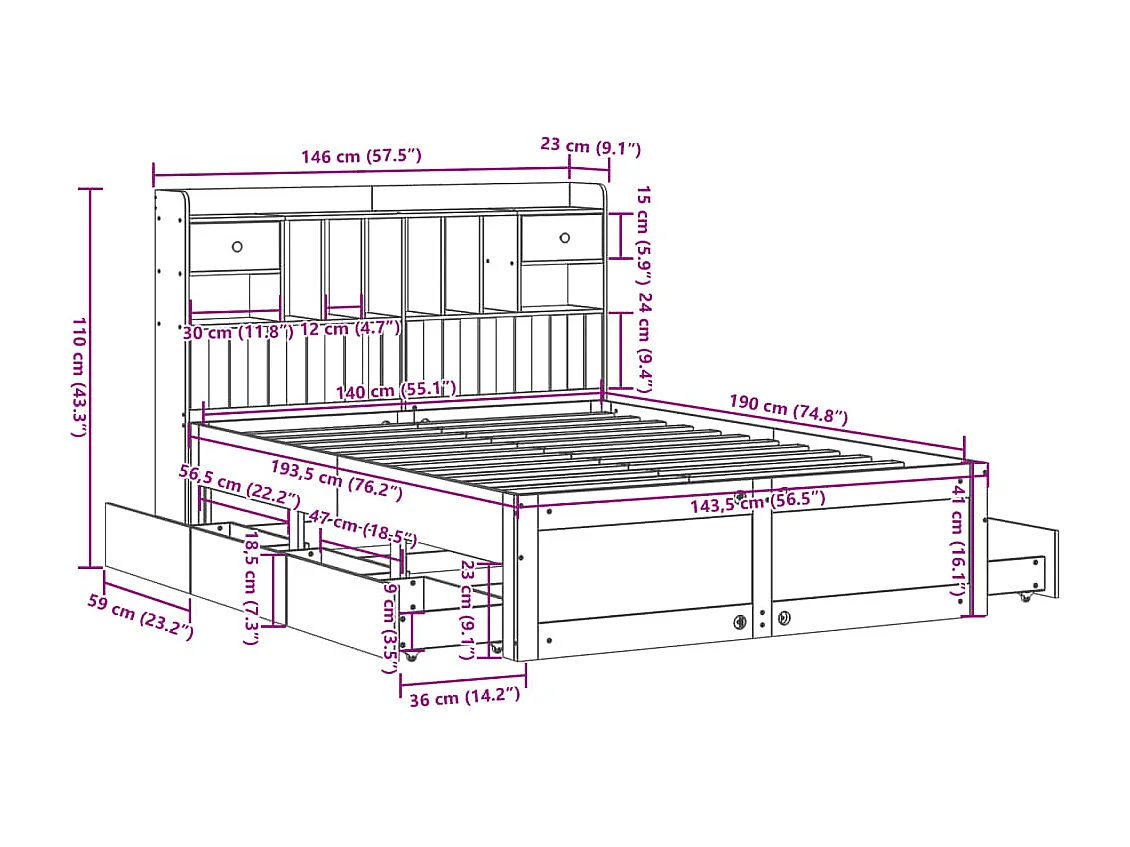 Massivholzbett mit Regal ohne Matratze Wachsbraun 140x190 cm