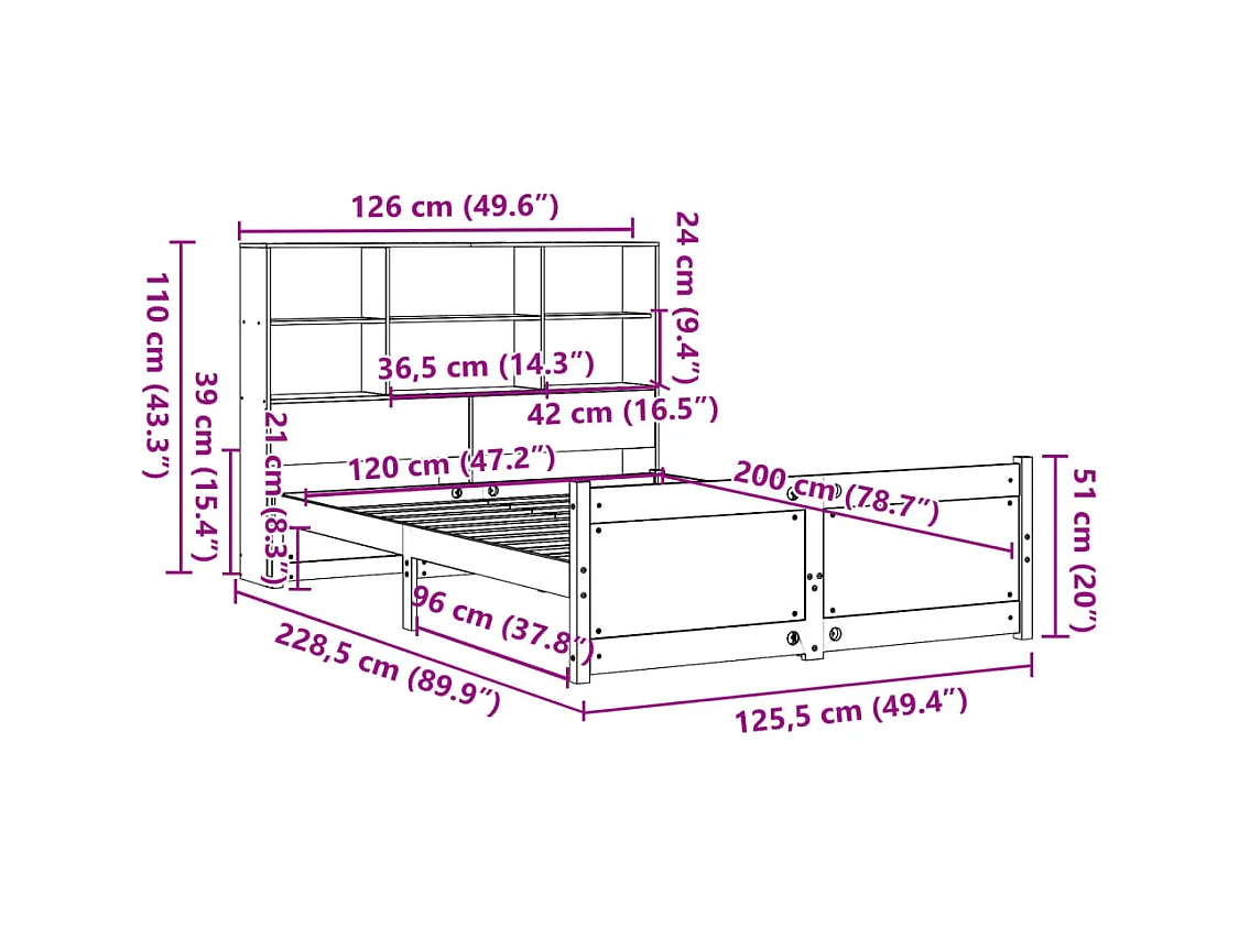 Lit bibliothèque sans matelas blanc 120x200 cm bois pin massif