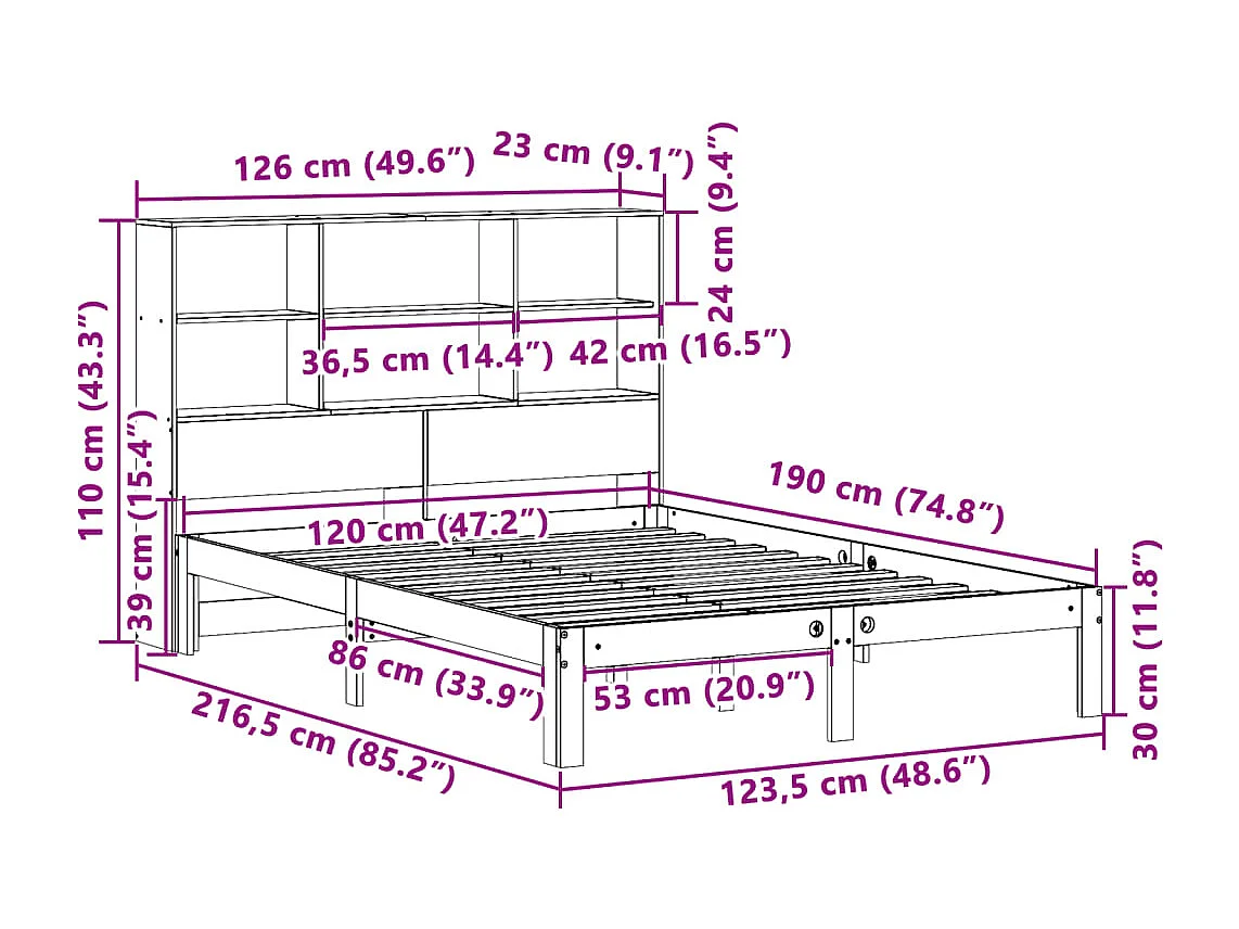 Lit bibliothèque sans matelas blanc 120x190 cm bois pin massif