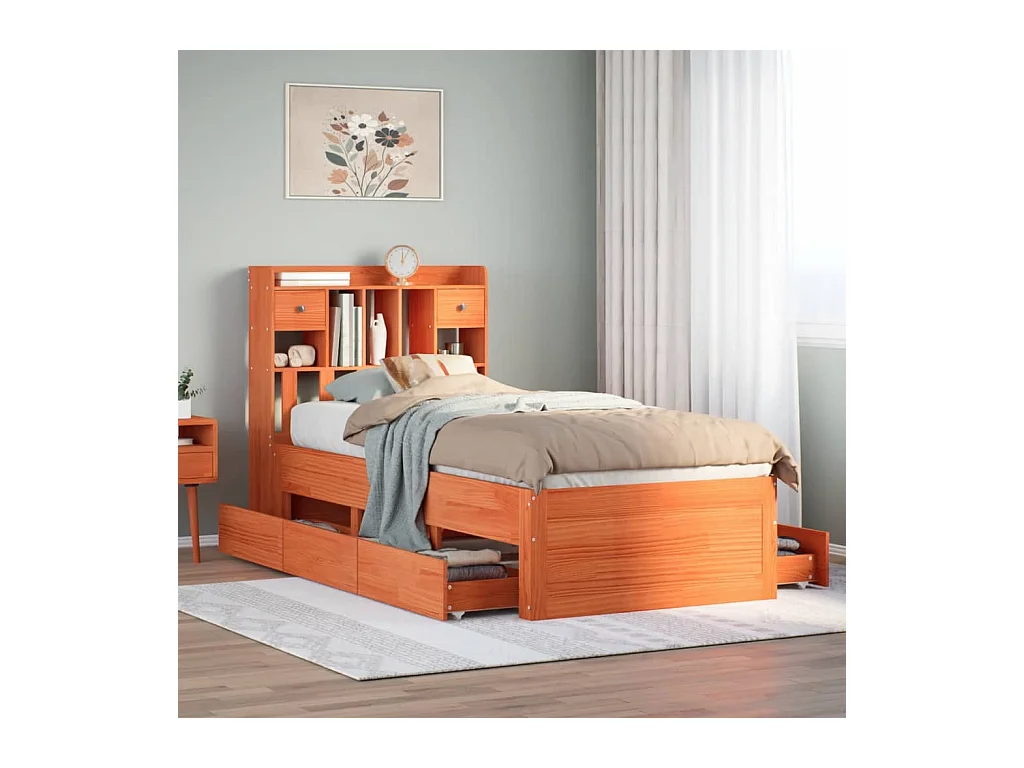 Lit bibliothèque sans matelas cire marron 100x200 cm pin massif