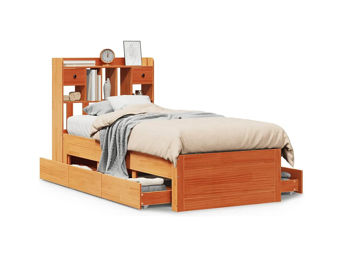 Lit bibliothèque sans matelas cire marron 100x200 cm pin massif