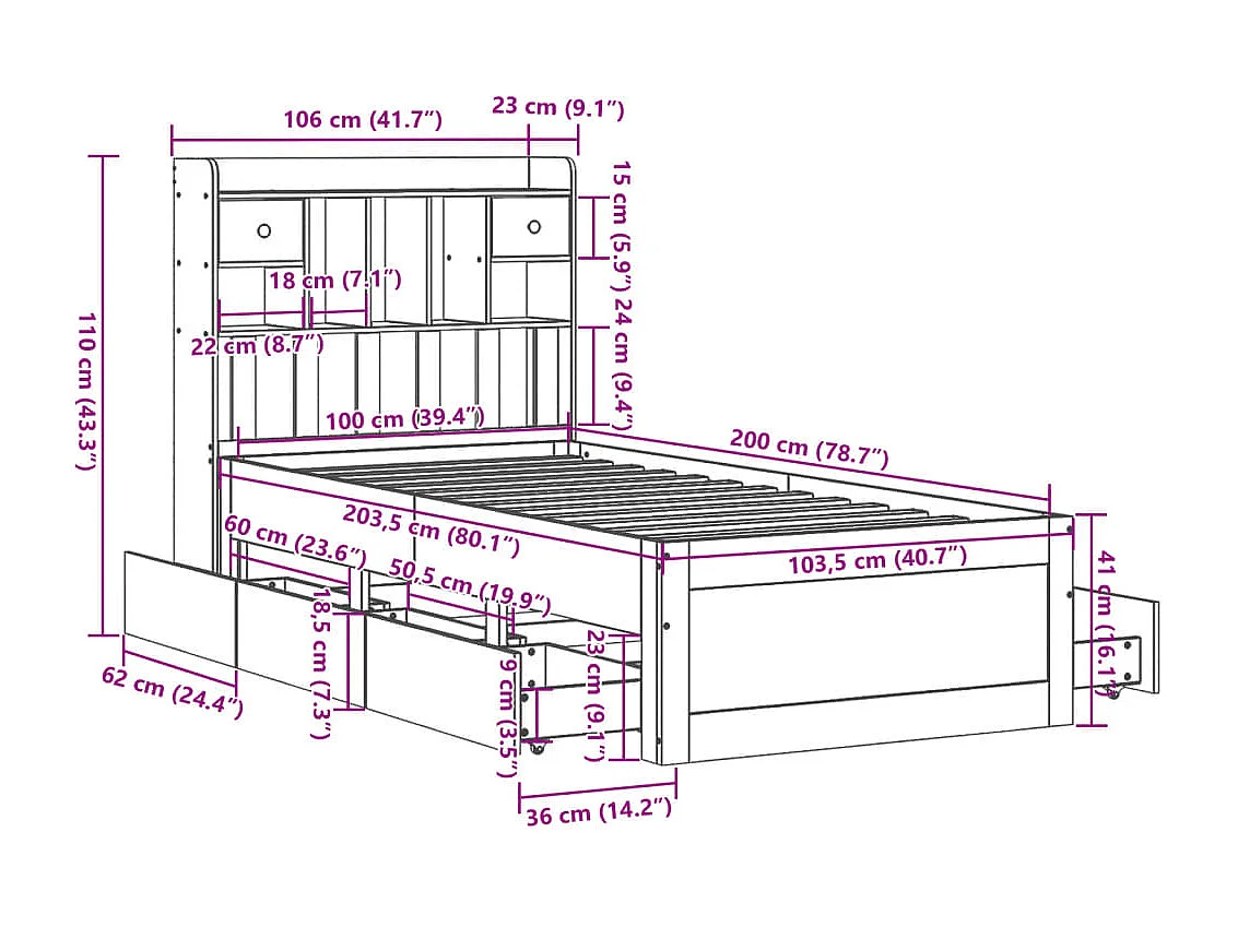 Massivholzbett mit Regal ohne Matratze Wachsbraun 100x200 cm