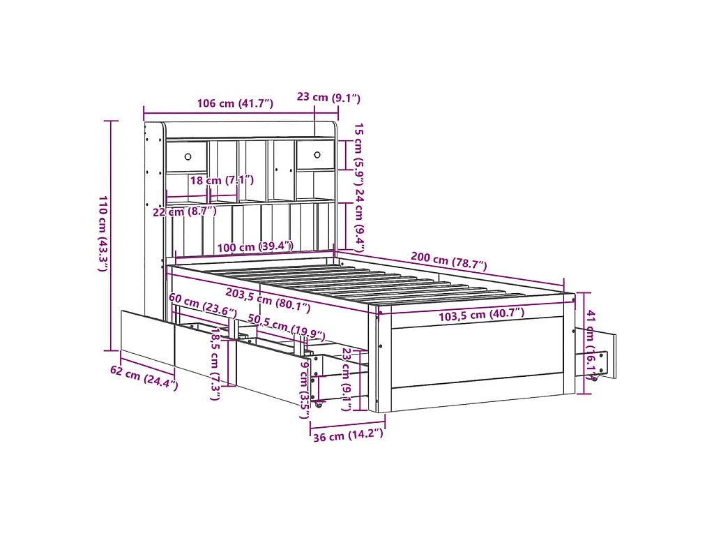 Letto Libreria senza Materasso Marrone Cera 100x200 cm in Pino