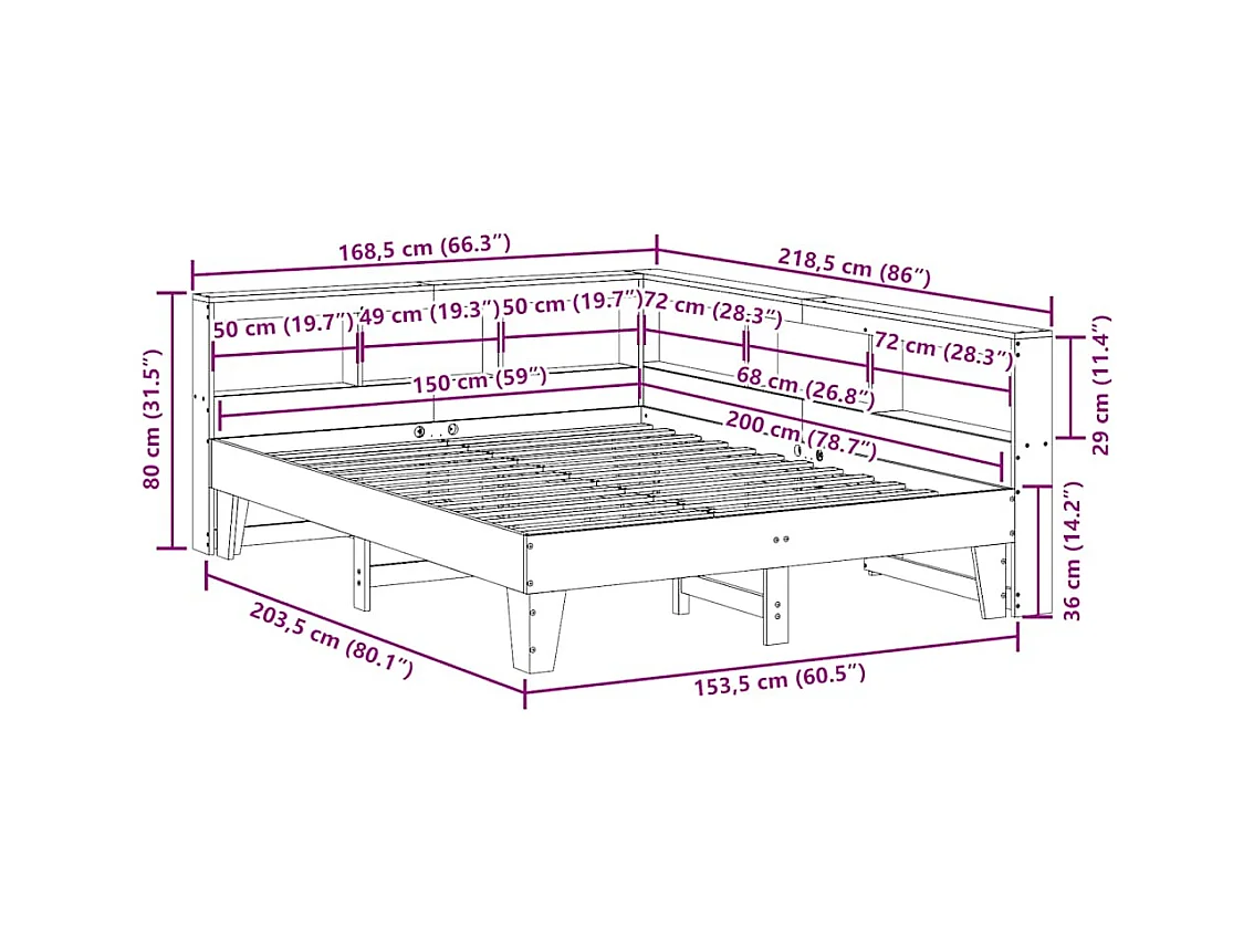 Cama con estantería sin colchón madera maciza de pino 150x200cm